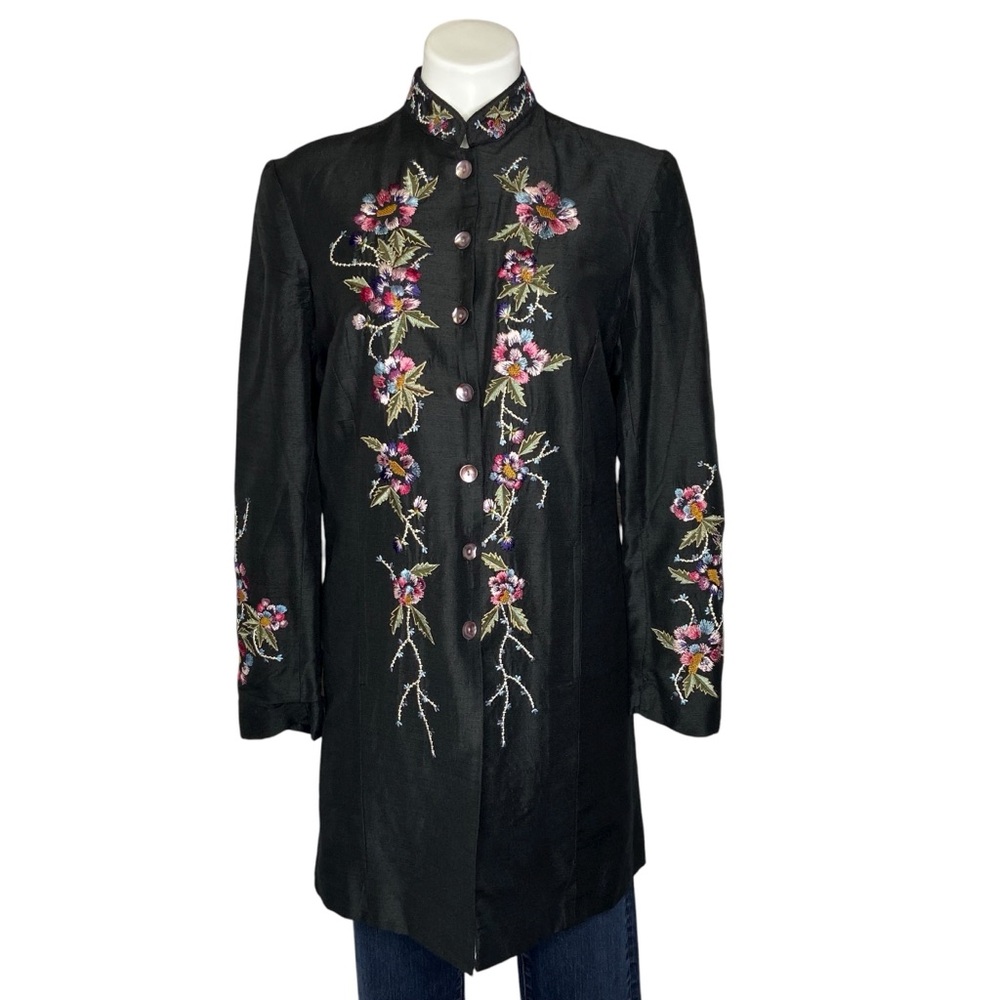 UNITS Vintage Silk Blend Blazer Jacket Floral Embroidered Collar Black Medium